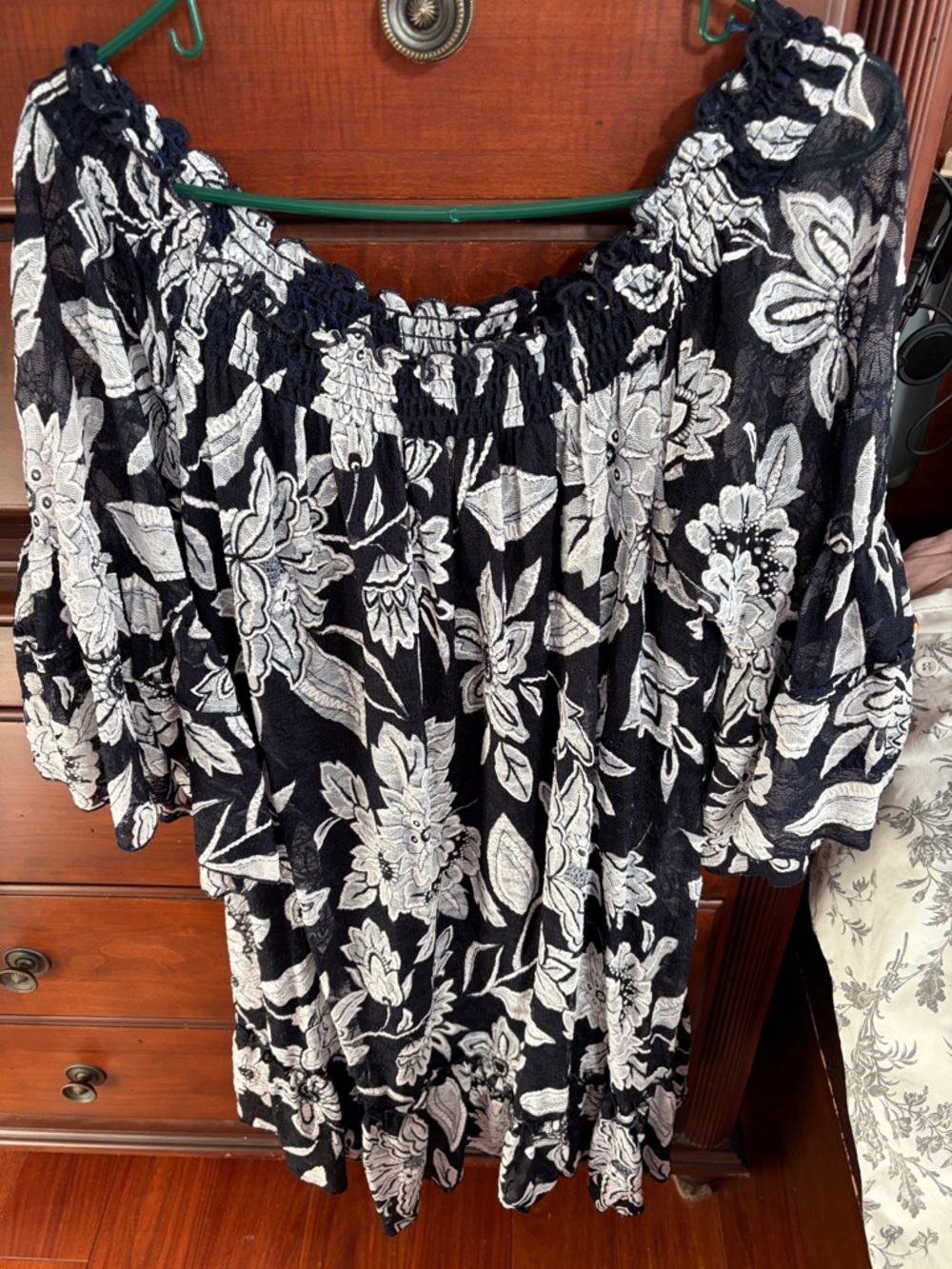 Westport Black and White Floral Smocked Off-Shoulder dress